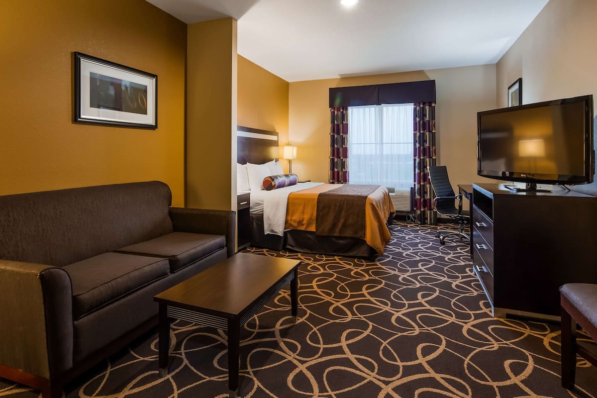 A hotel room with a sofa, a bed, a desk, and a television.