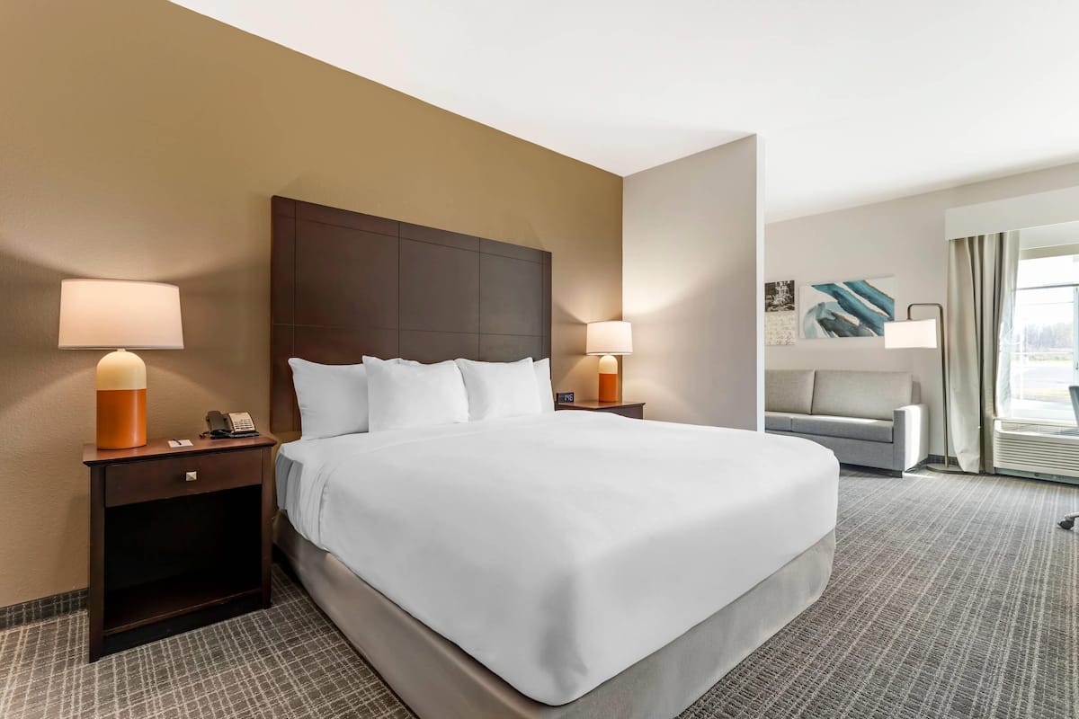 Habitación de hotel con una cama grande, dos mesitas de noche con lámparas, un sofá y una ventana con cortinas.