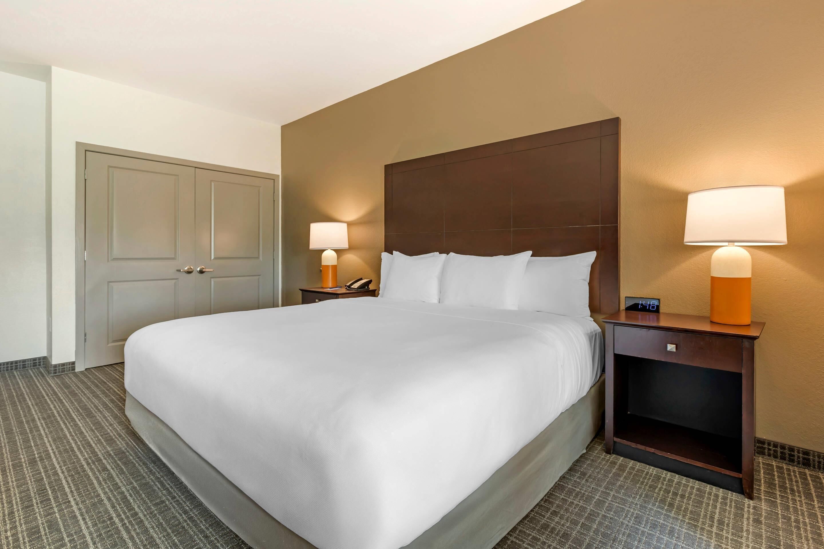 A hotel room with a large bed, two bedside tables with lamps, a door, and a carpeted floor.