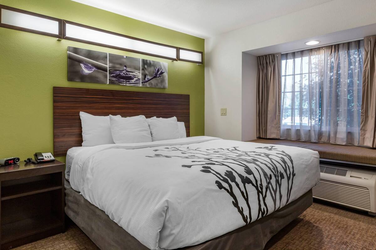 A hotel room with a bed, a nightstand with a phone, a wall clock, and a window with curtains.