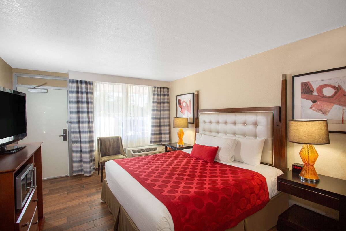 Una habitación de hotel con una cama grande, televisión, escritorio y una silla.