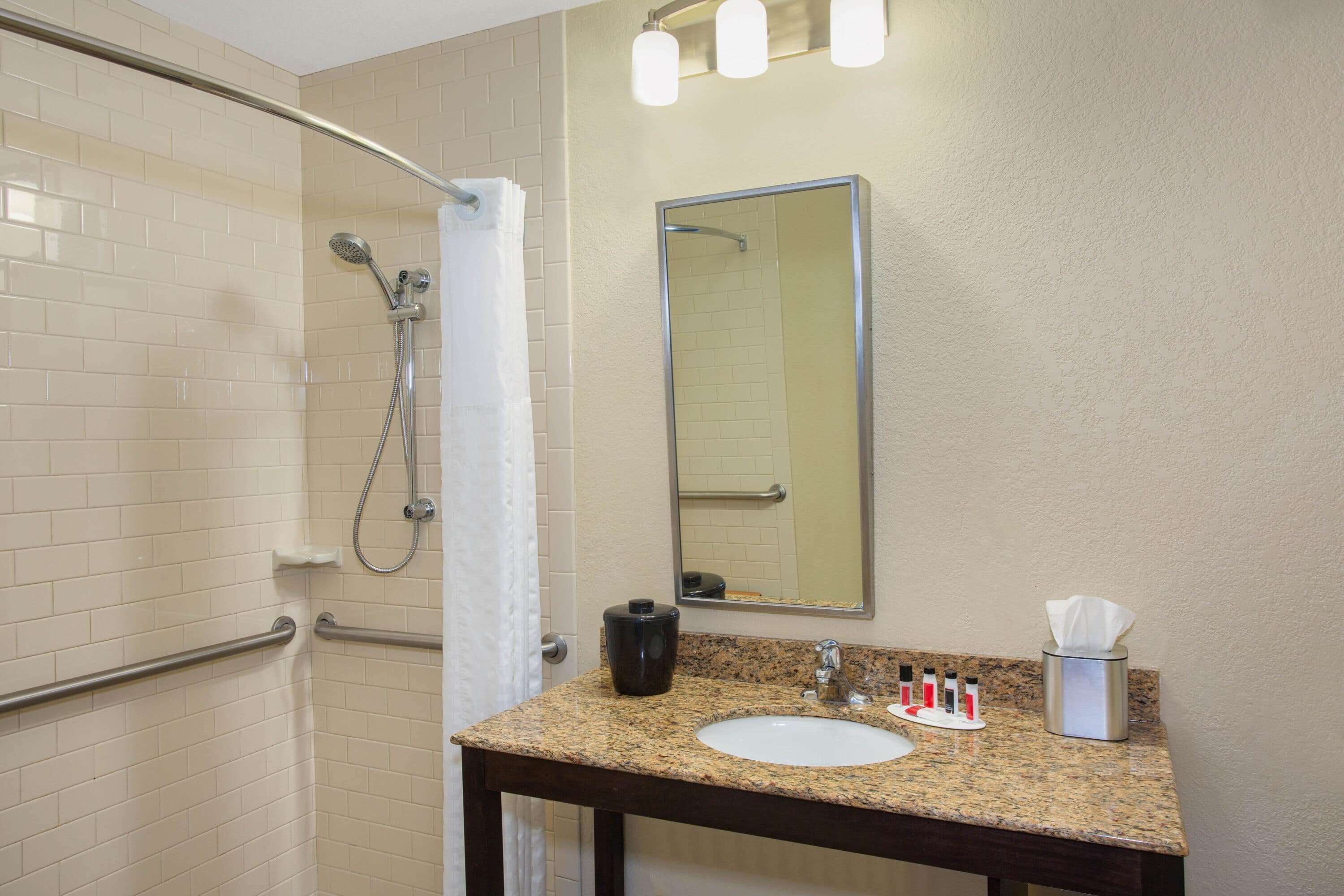 combined shower/bathtub, free toiletries, hair dryer, towels