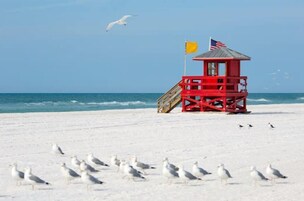 Uma praia com uma torre salva-vidas vermelha e bandeiras americanas, rodeada por gaivotas.