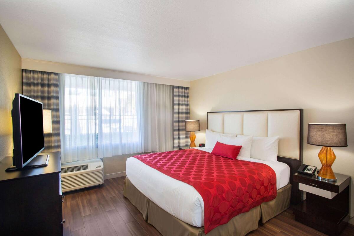 Habitación de hotel con una cama grande, un televisor de pantalla plana, un escritorio con lámpara y una ventana con cortinas.