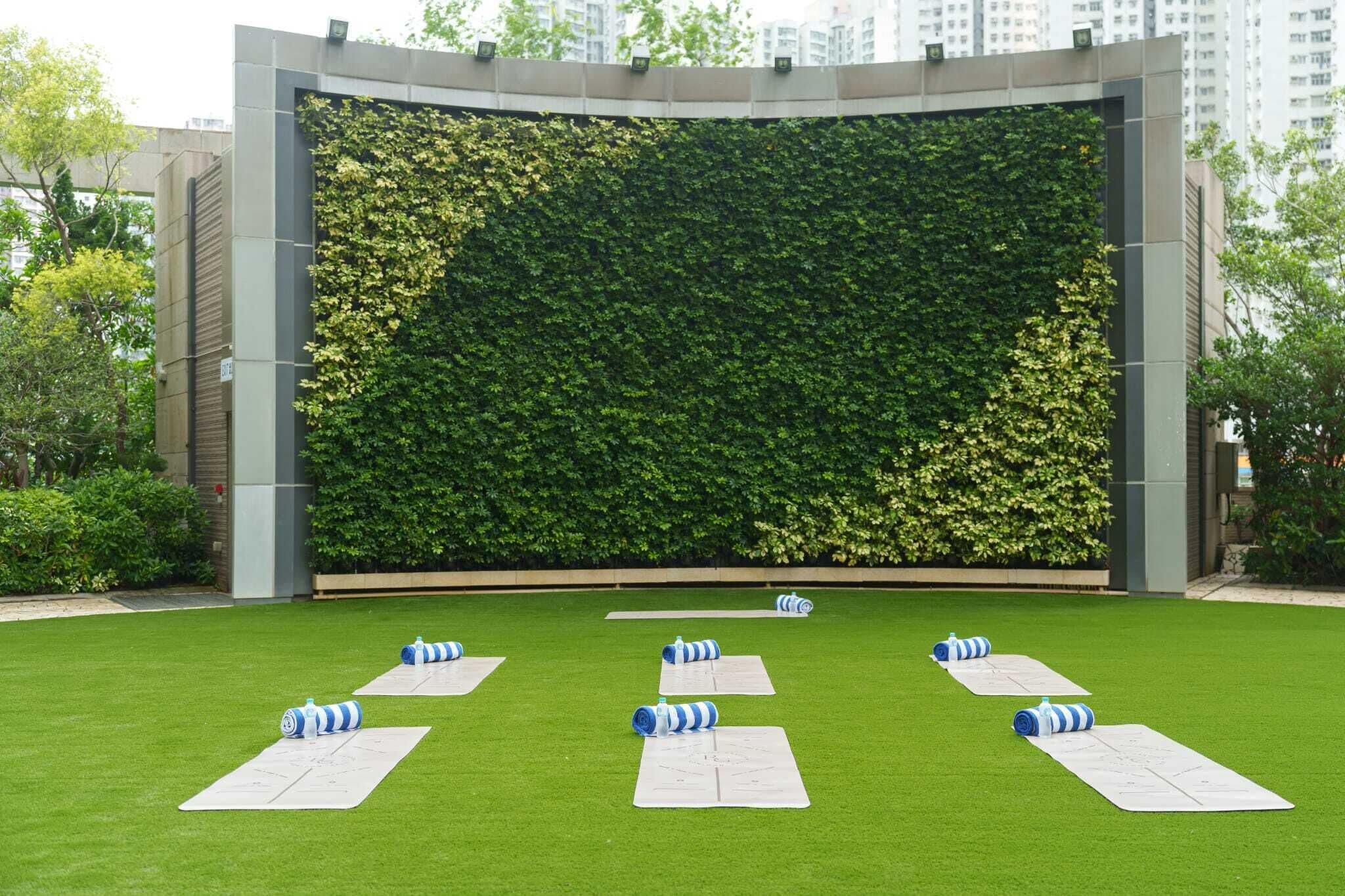 A courtyard with a green artificial turf, a vertical garden wall, and exercise mats.