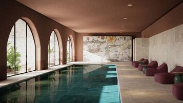 Indoor pool, outdoor pool, pool umbrellas, sun loungers