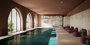 Piscina interna, piscina externa, guarda-sóis, espreguiçadeiras