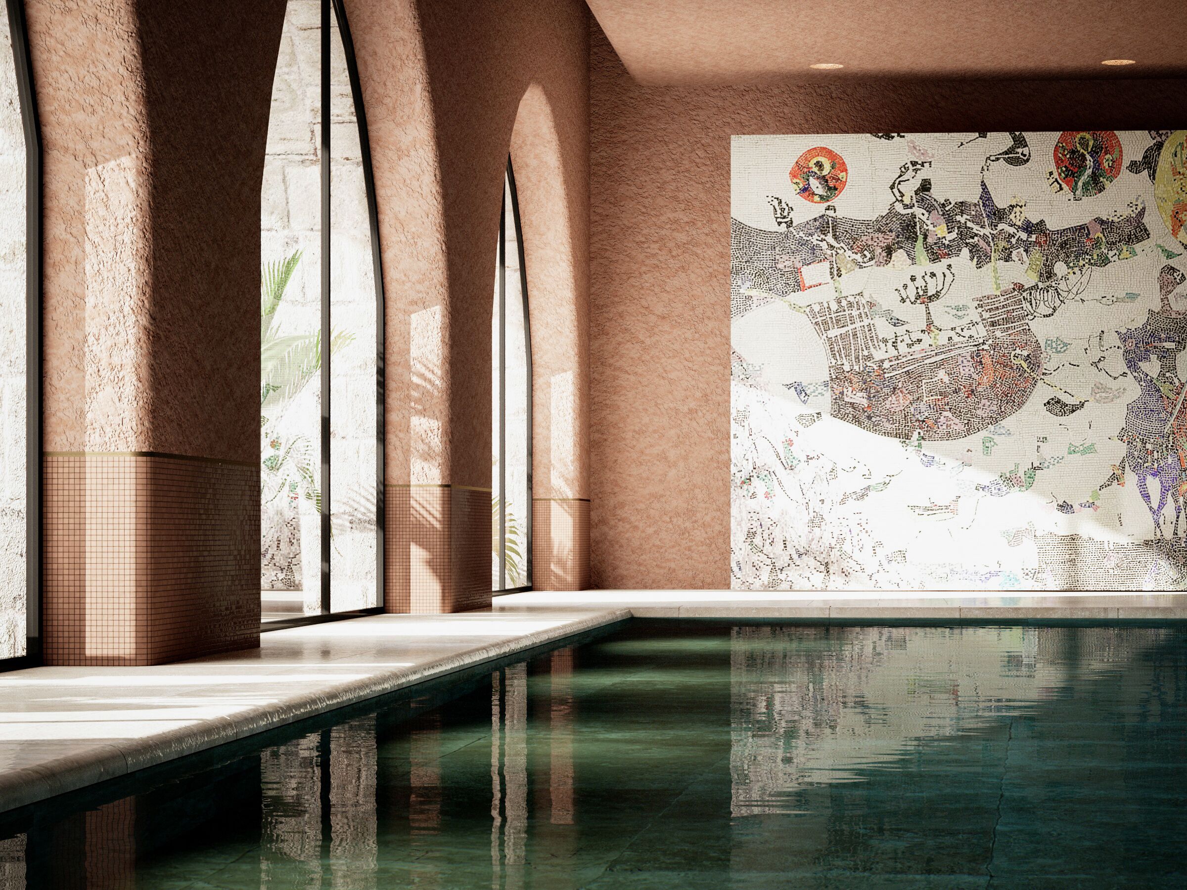 Indoor pool, outdoor pool, pool umbrellas, pool loungers