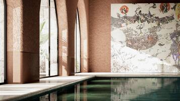 Indoor pool, outdoor pool, pool umbrellas, pool loungers