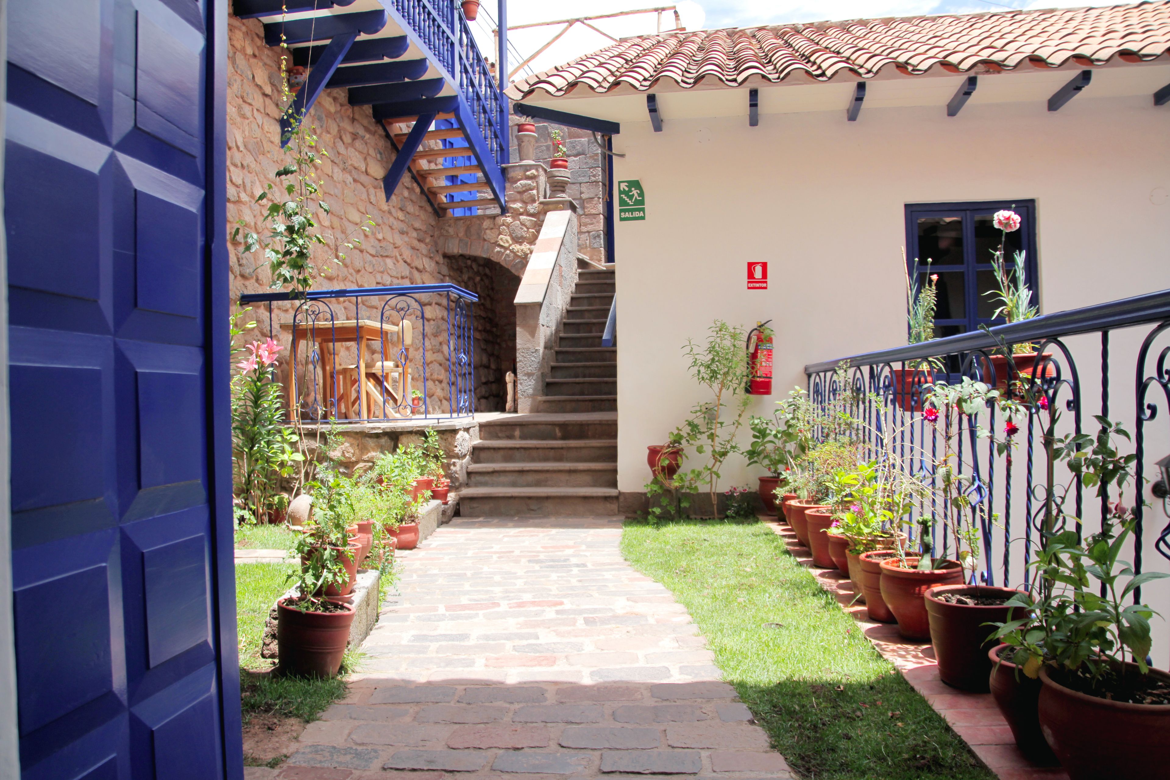 A narrow pathway leading to a staircase with a blue railing, flanked by potted plants and a fire extinguisher.