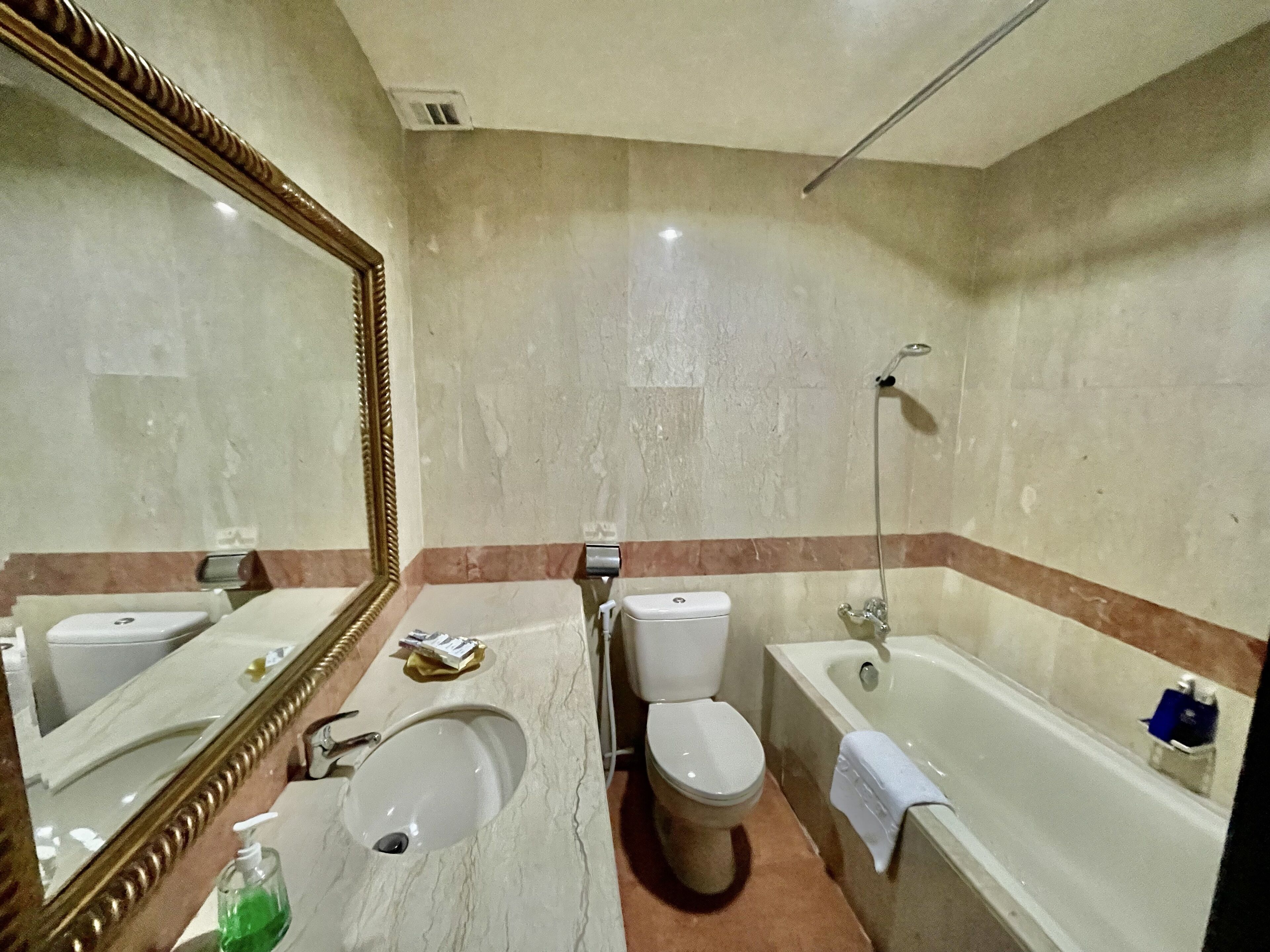 Une salle de bain avec un lavabo, des toilettes et une baignoire.