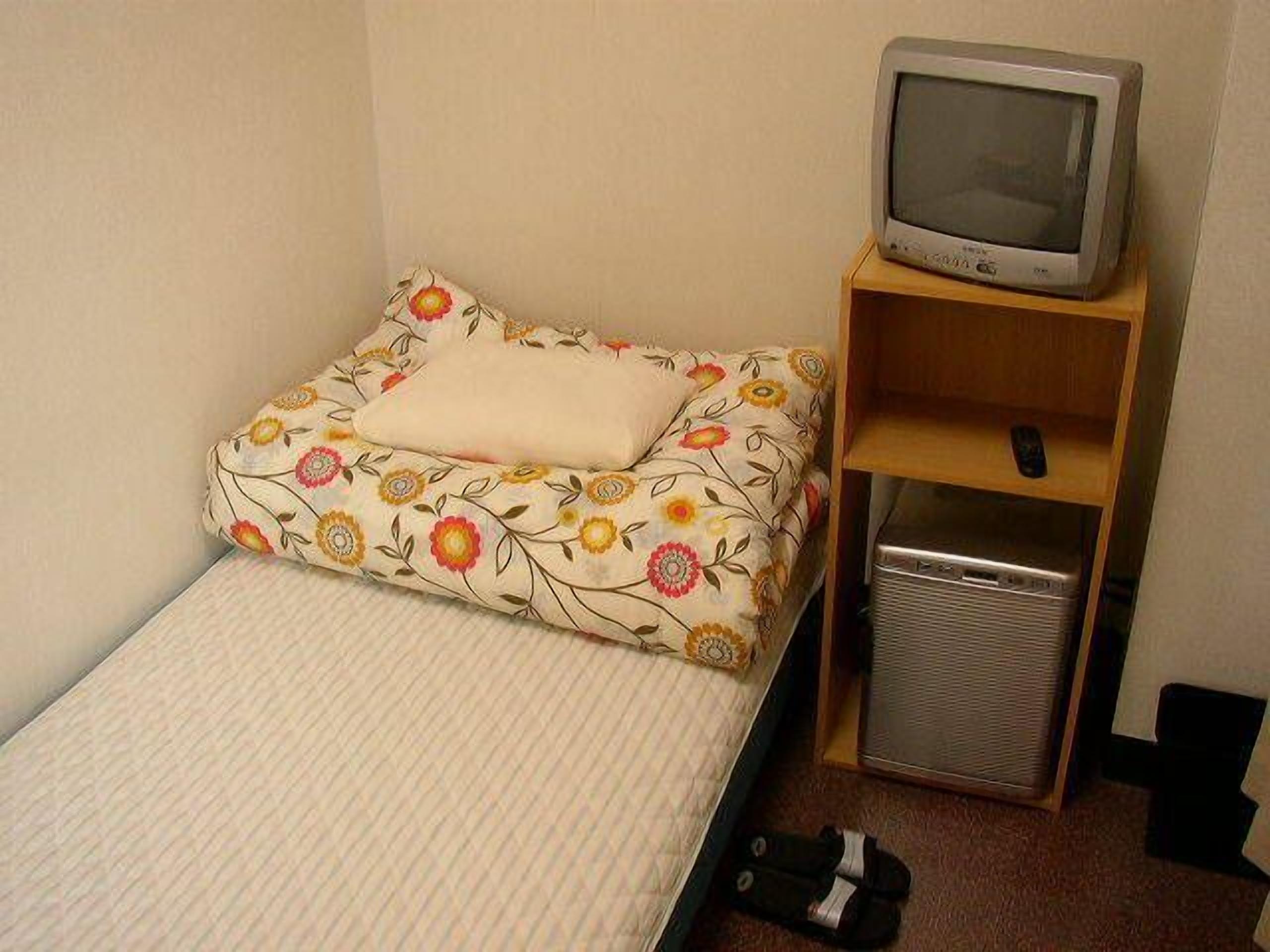 A small, single-bed room with a floral-patterned bedspread, a television on a wooden shelf, and a compact, metallic heater.