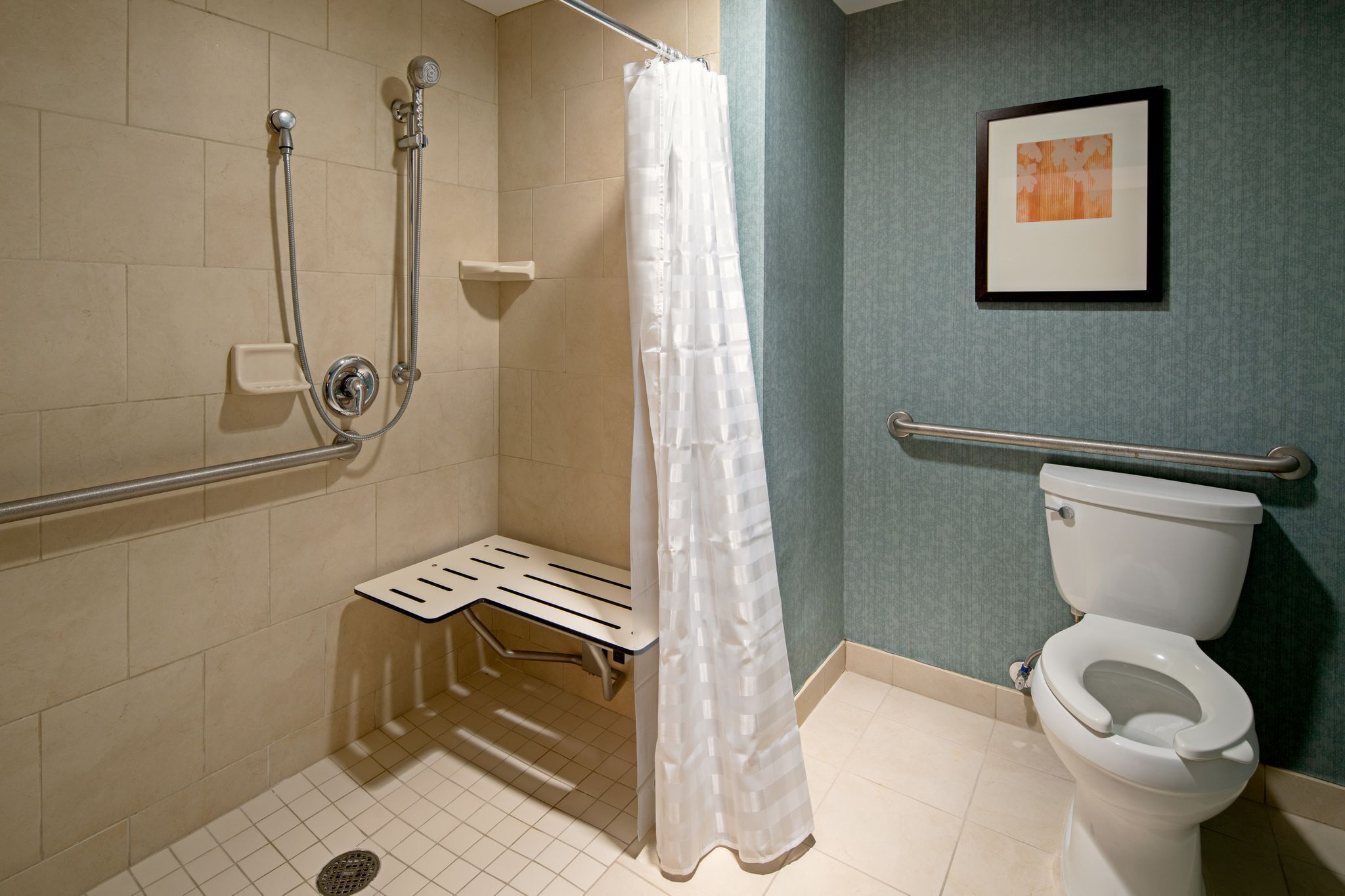 Ein Badezimmer mit Dusche, Toilette und einer Haltestange.