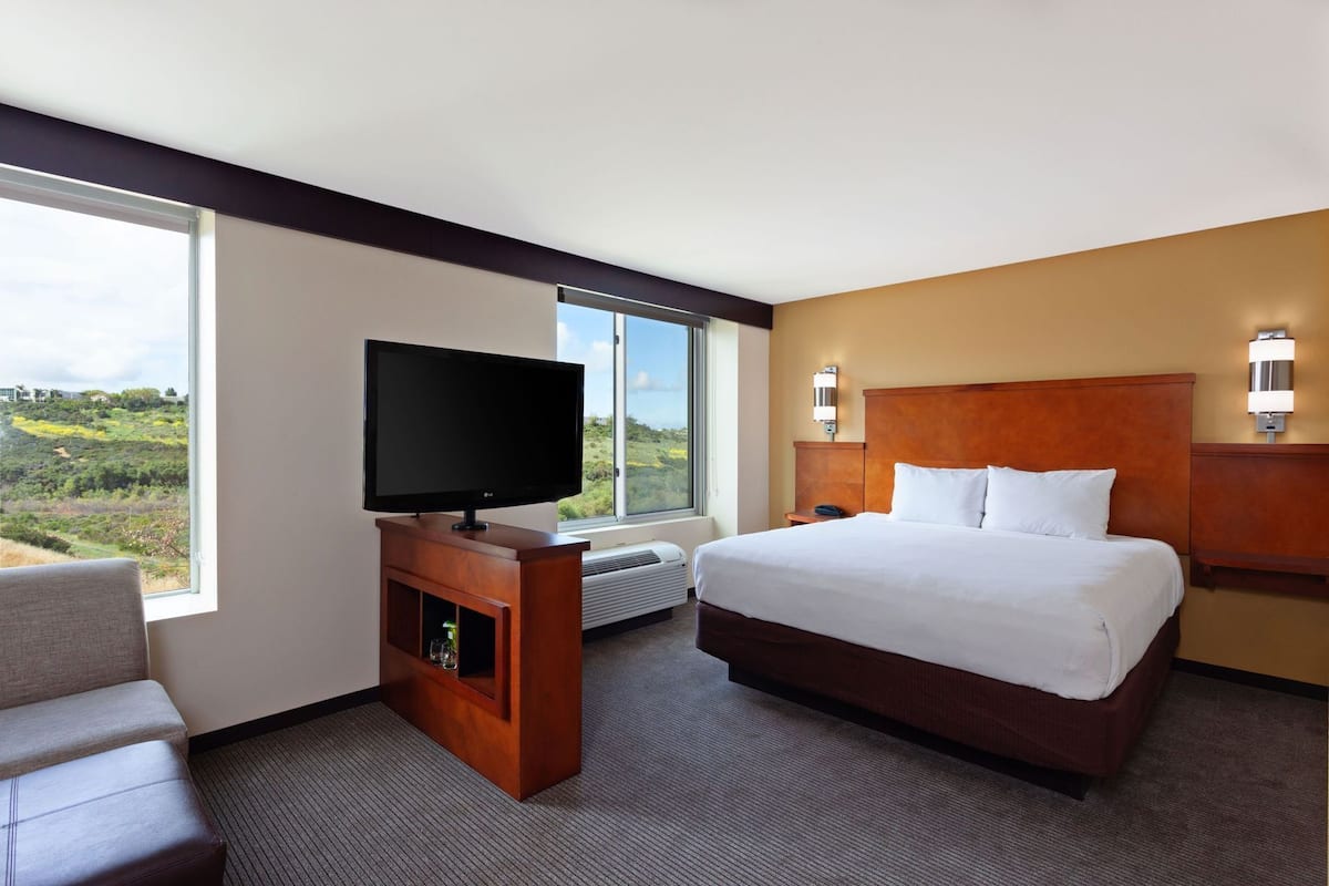 A hotel room with a bed, a television on a wooden stand, a chair, and a large window with a view of greenery.