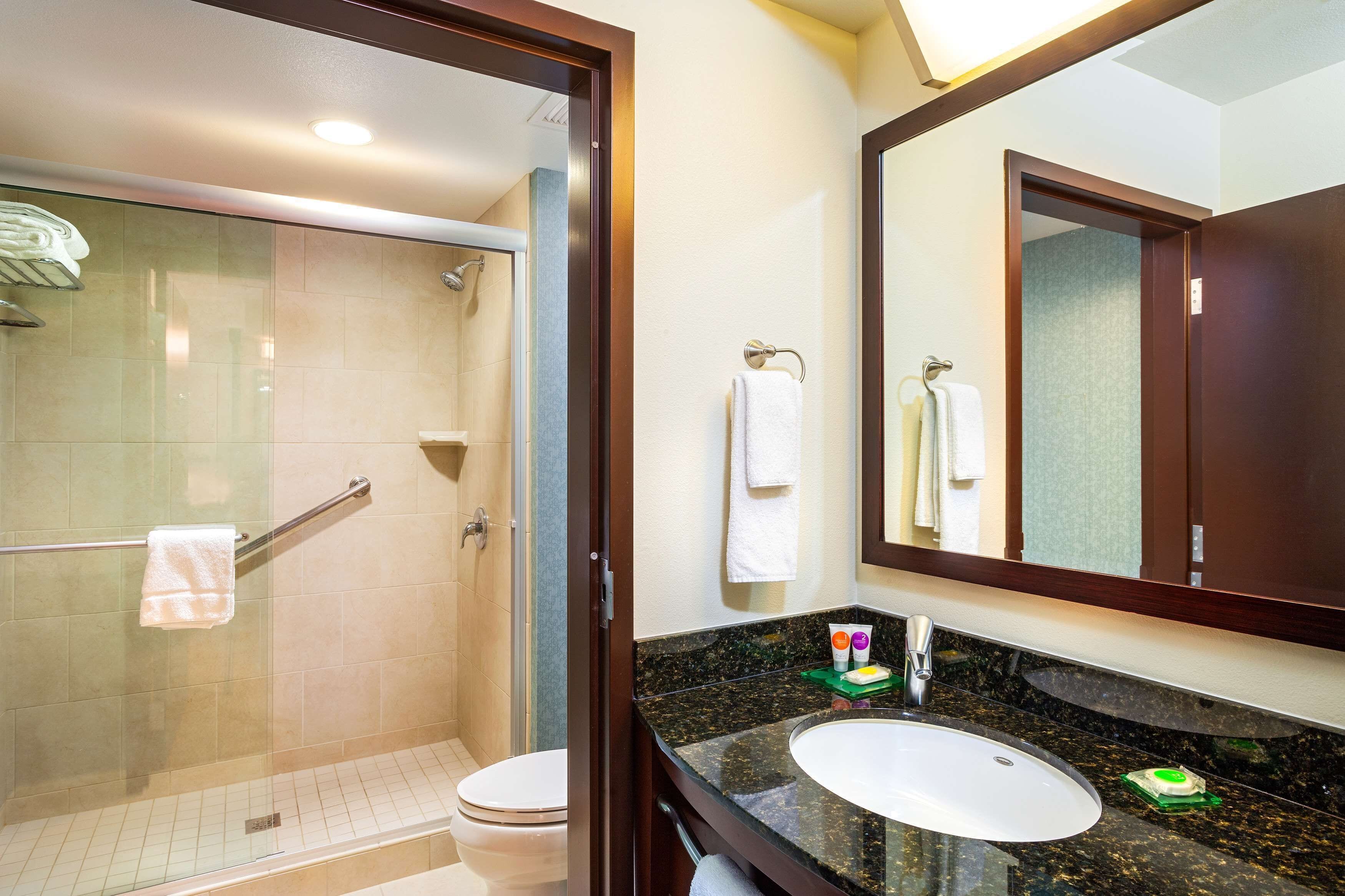 designer toiletries, hair dryer, towels