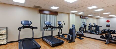 A gym with treadmills, elliptical machines, and free weights.