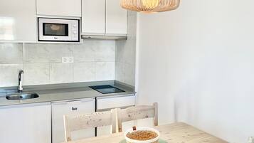 Microwave, stovetop, coffee/tea maker, electric kettle
