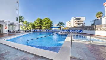 Indoor pool, outdoor pool, pool umbrellas, sun loungers
