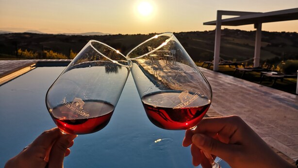 Dos copas de vino tinto sostenidas por manos, con un atardecer de fondo.