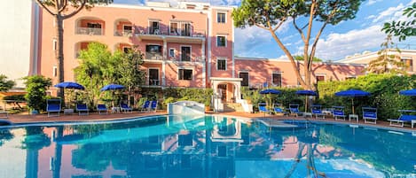 Indoor pool, outdoor pool, pool umbrellas, sun loungers