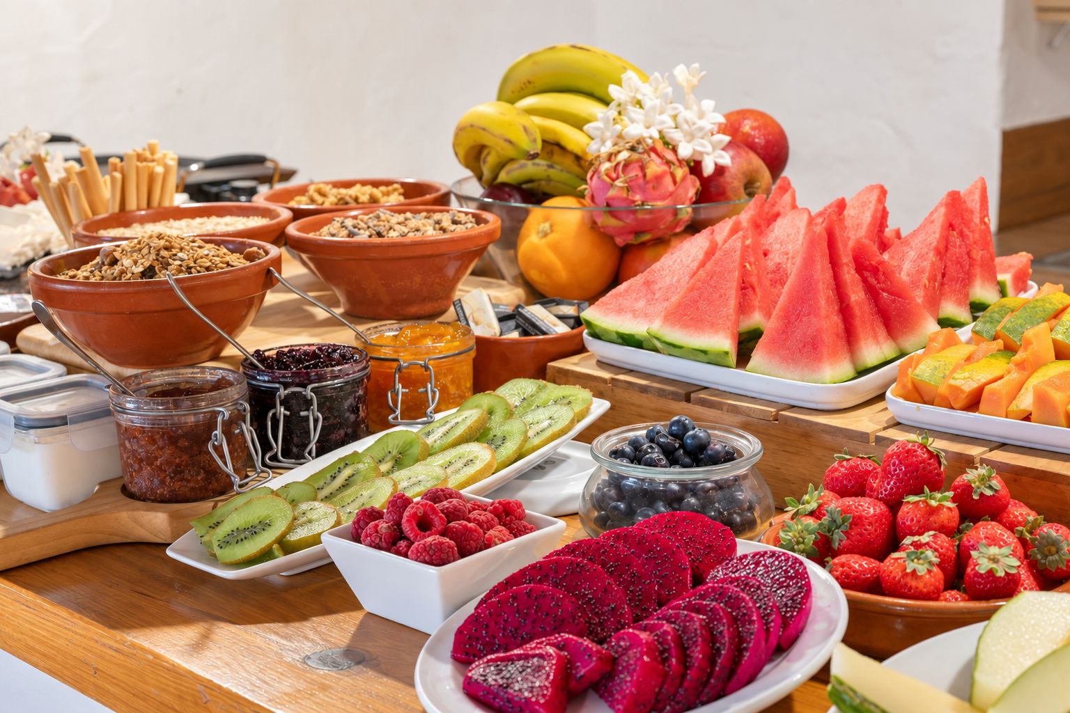 Verschillend fruit en lekkernijen op een houten tafel.