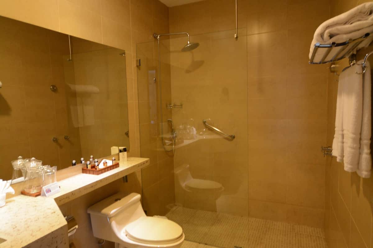 shower, rainfall showerhead, hair dryer, bathrobes