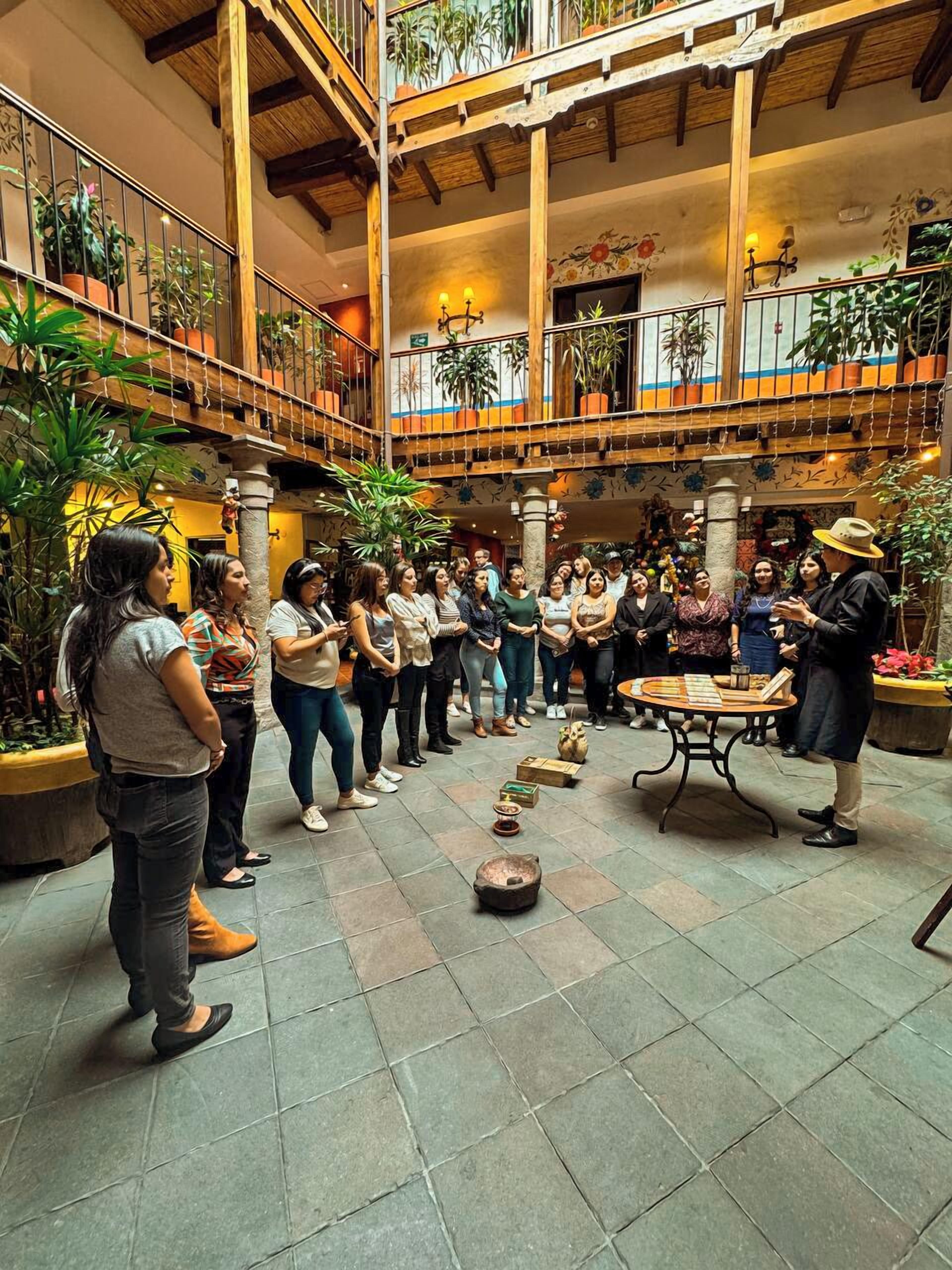 A spacious indoor area with multiple levels, featuring a central gathering space surrounded by potted plants and a variety of seating arrangements.