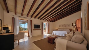 A spacious room with a bed, a desk, a chair, and a television.