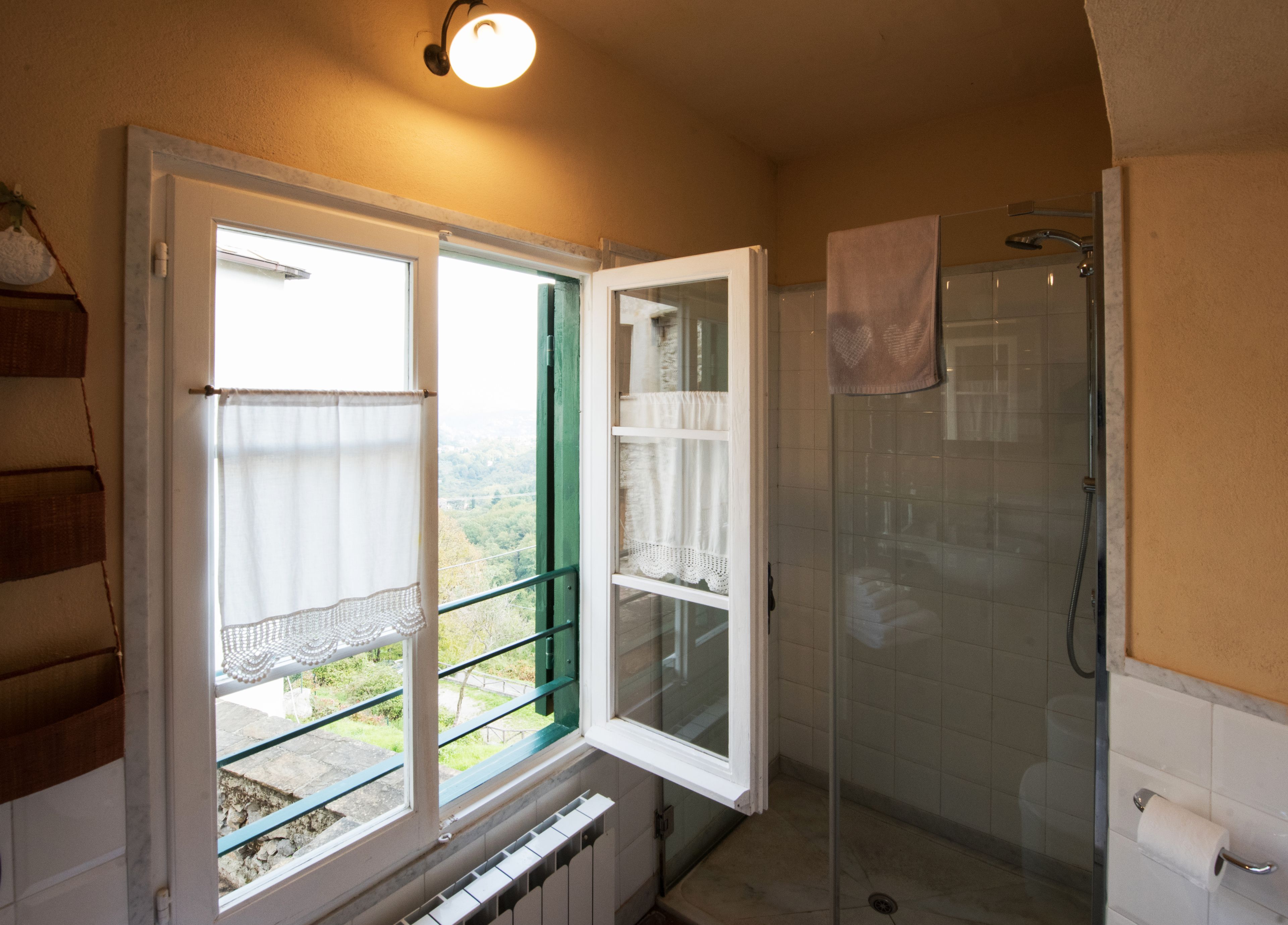 A bathroom with a shower, a window with a view, and a towel hanging on the wall.