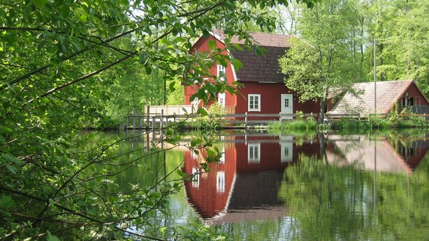 Una casa de madera roja reflejada en aguas tranquilas, rodeada de abundante vegetación.