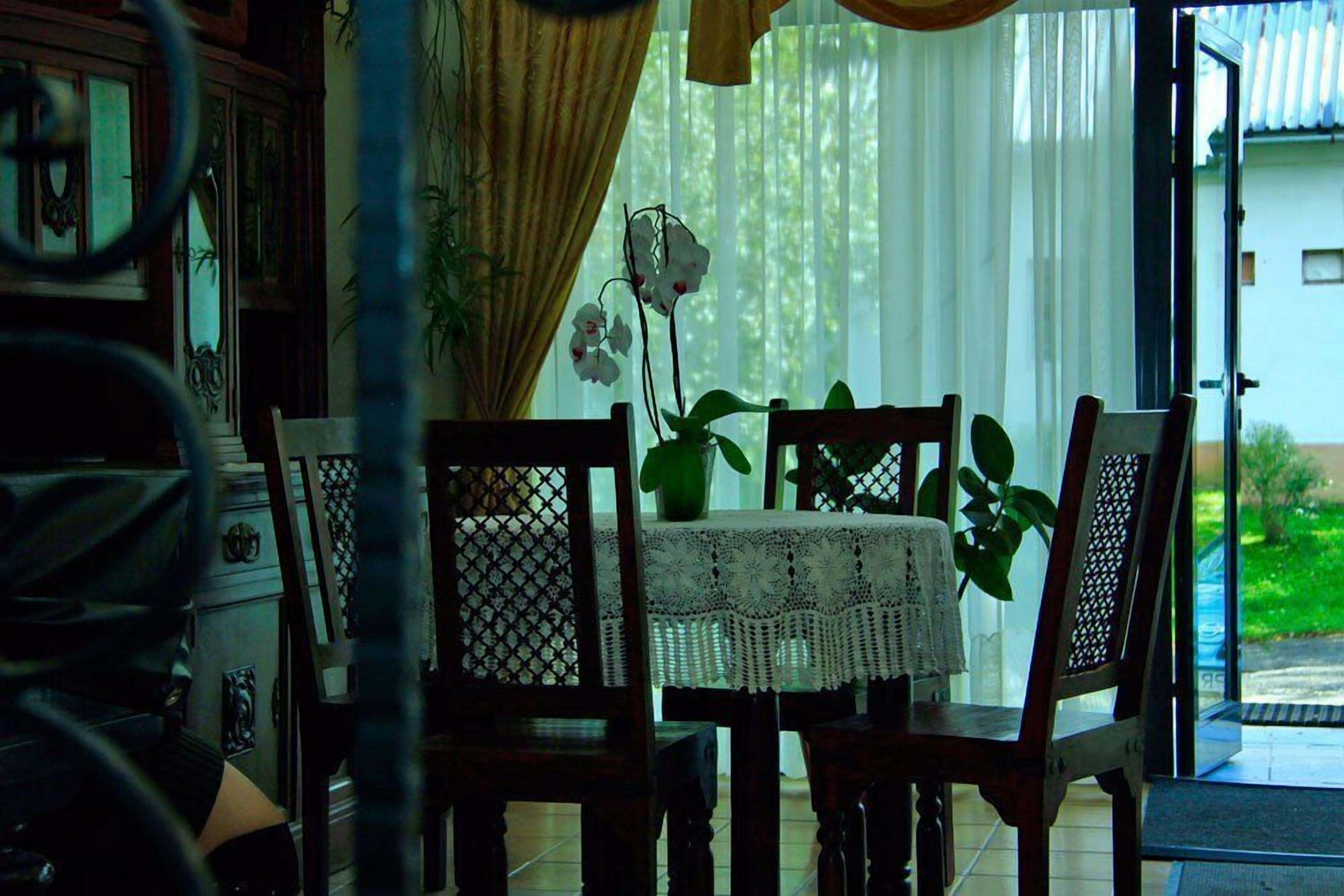 A dining area with a table and chairs, a lace tablecloth, and a potted orchid.