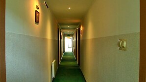 Un couloir avec un tapis vert, des murs de couleur claire et une porte au fond.