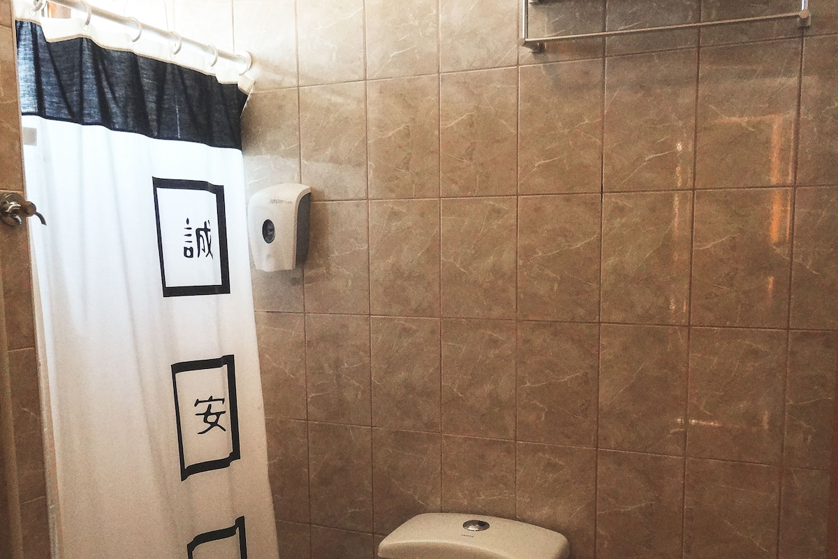 Shower, free toiletries, hair dryer, towels