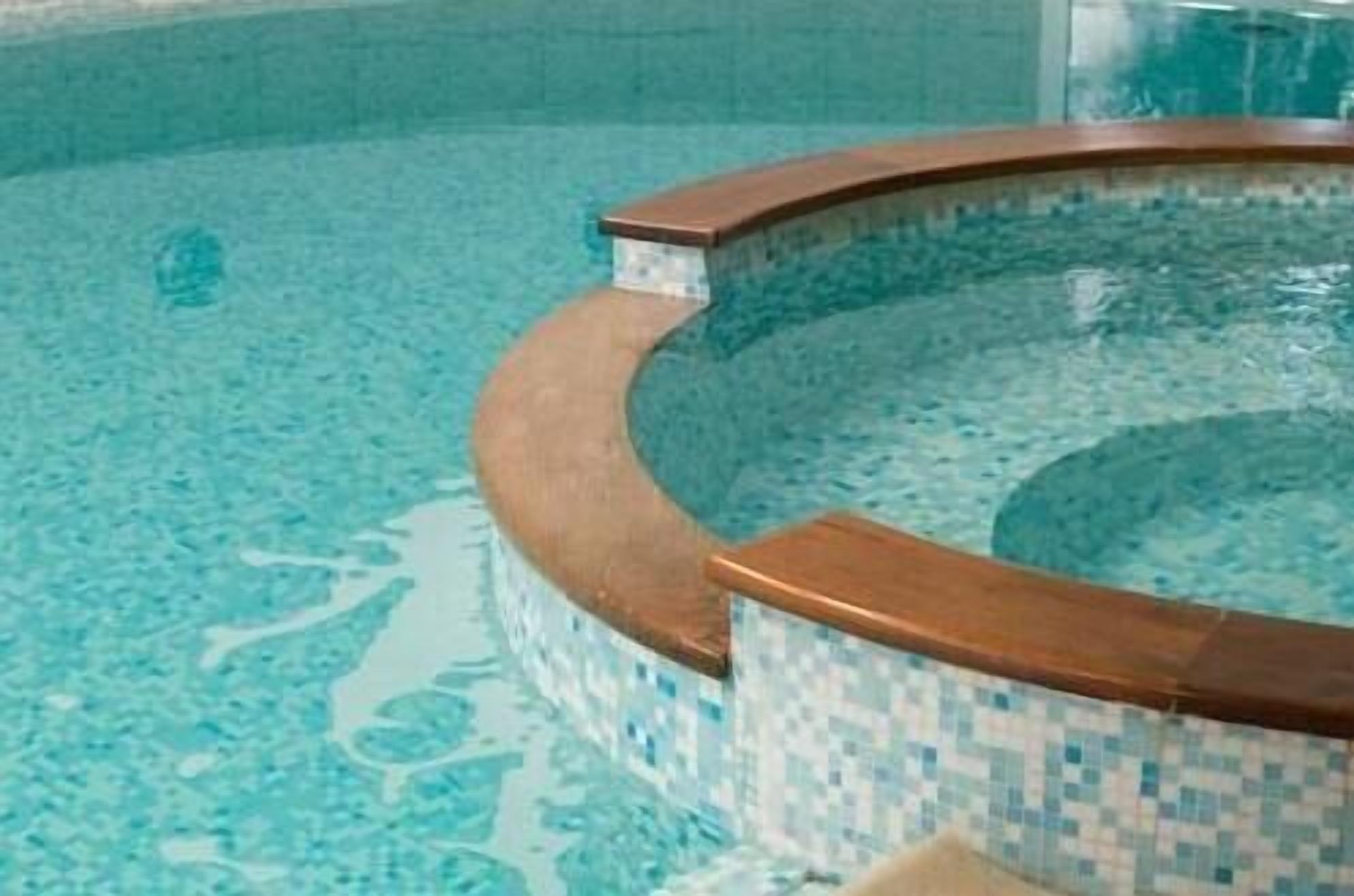 A swimming pool with a tiled edge and a curved design.