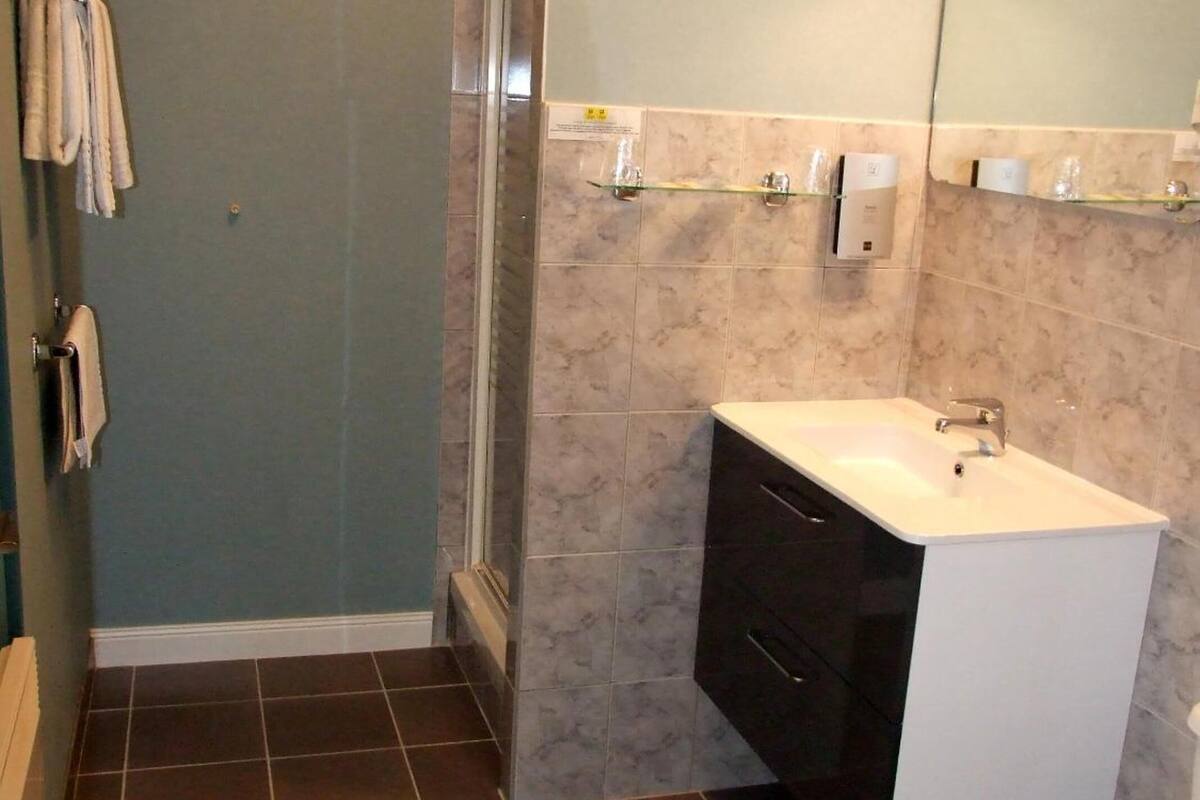 standard double room | bathroom | hair dryer, towels