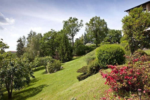 A landscaped garden with various trees and shrubs, a well-maintained lawn, and a building in the background.