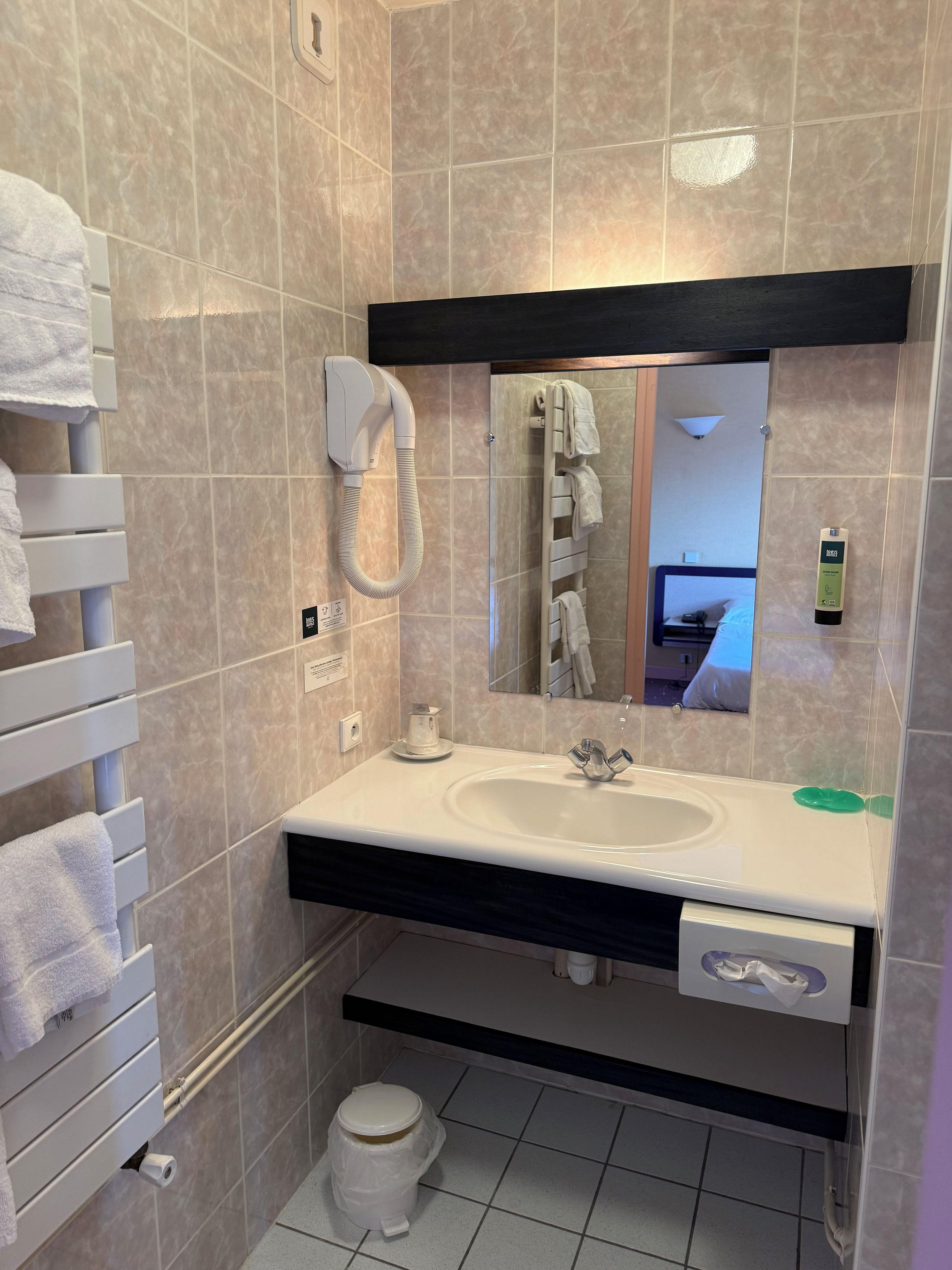 A bathroom with a white sink, a towel rack, a mirror, and a handheld showerhead.