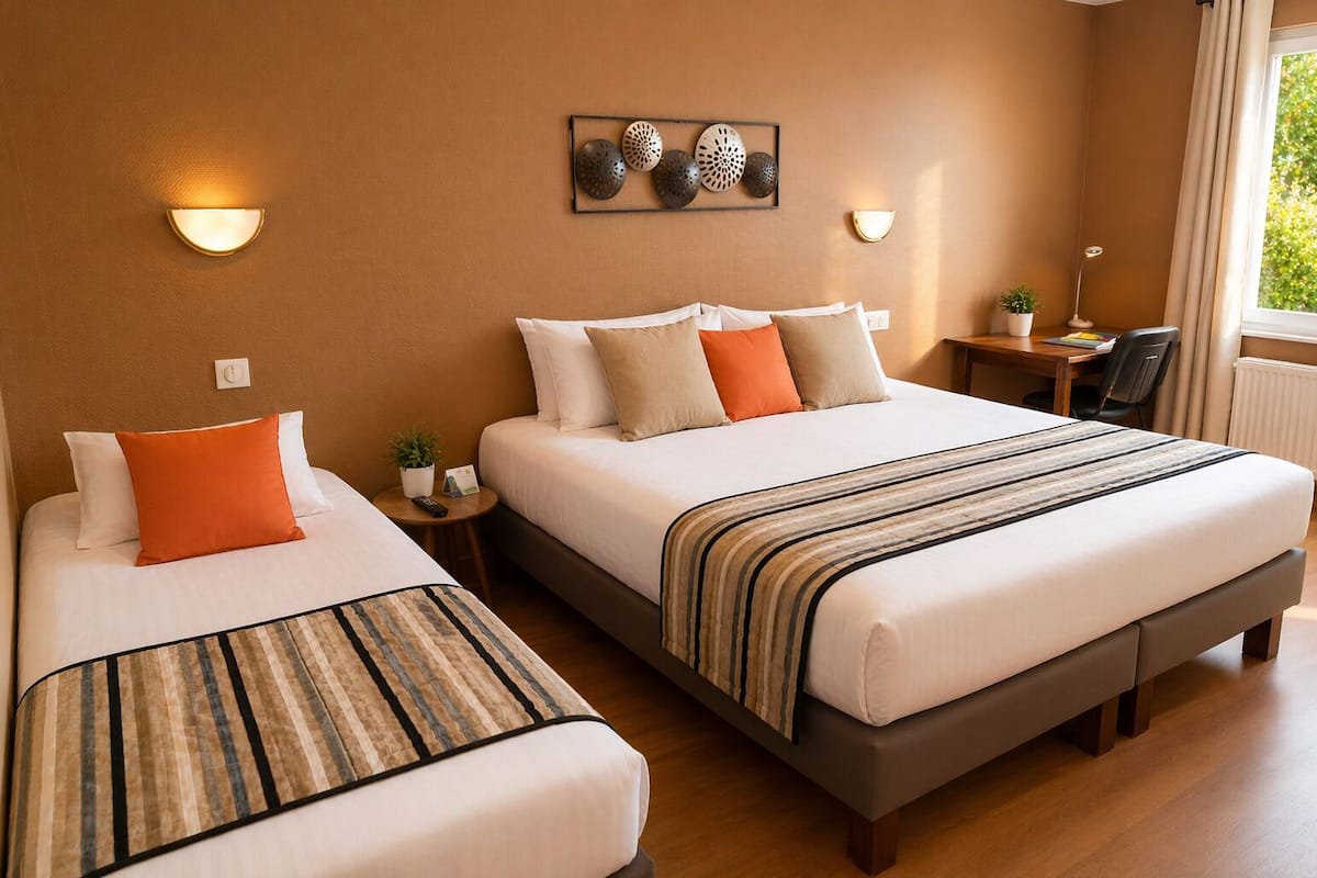 A hotel room with two beds, a desk, a chair, a small table with a plant, and a window with curtains.
