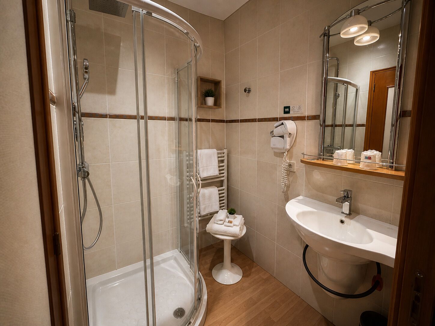 A bathroom with a glass-enclosed shower, a sink, a mirror, and a towel rack.