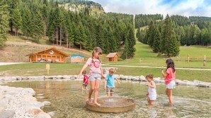 A natural hot spring area with wooden cabins and a forested hillside in the background.