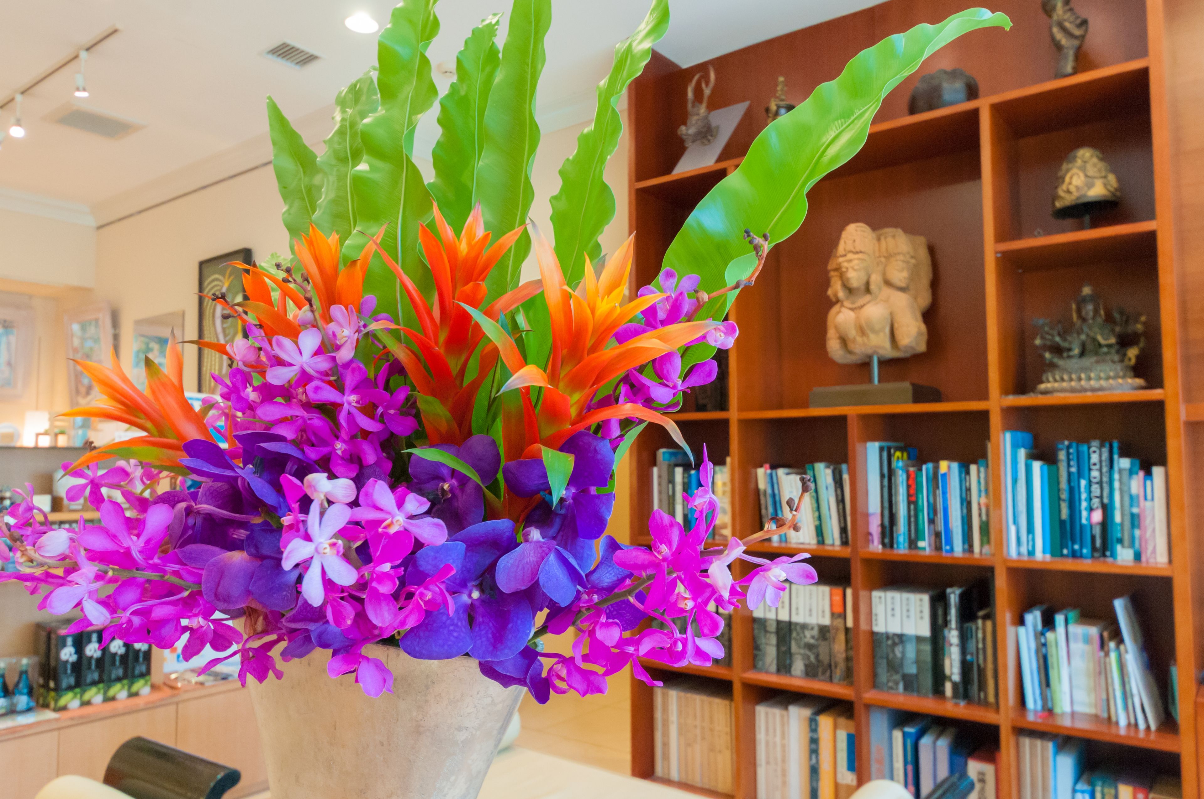A potted plant with purple and orange flowers in a room with a bookshelf and sculptures.