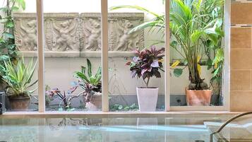 A pool area with potted plants and a decorative wall.