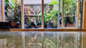 Una piscina interior con agua cristalina que refleja la vegetación circundante y una pared decorativa.