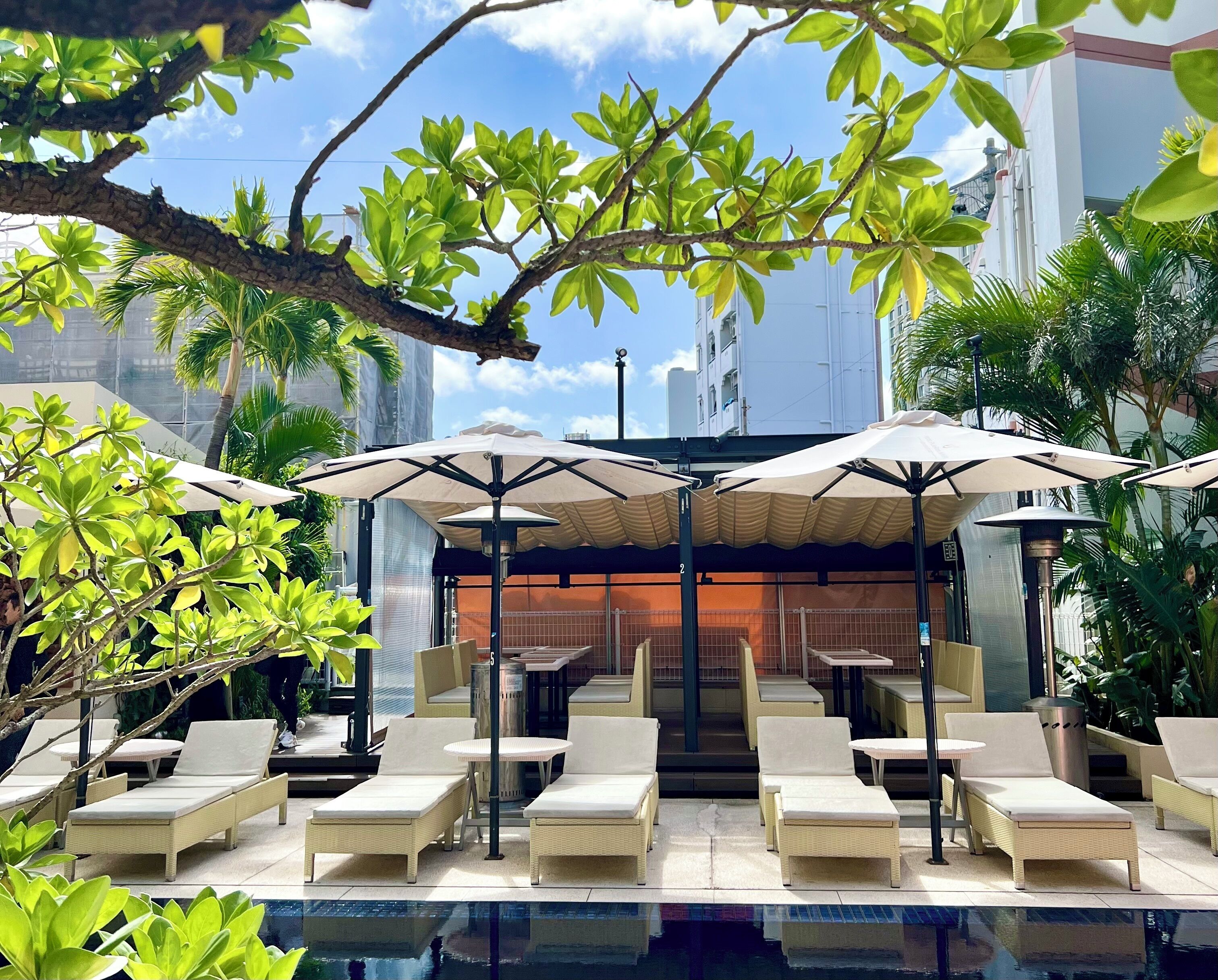 seasonal outdoor pool, open 10:00 am to 8:00 pm, free pool cabanas