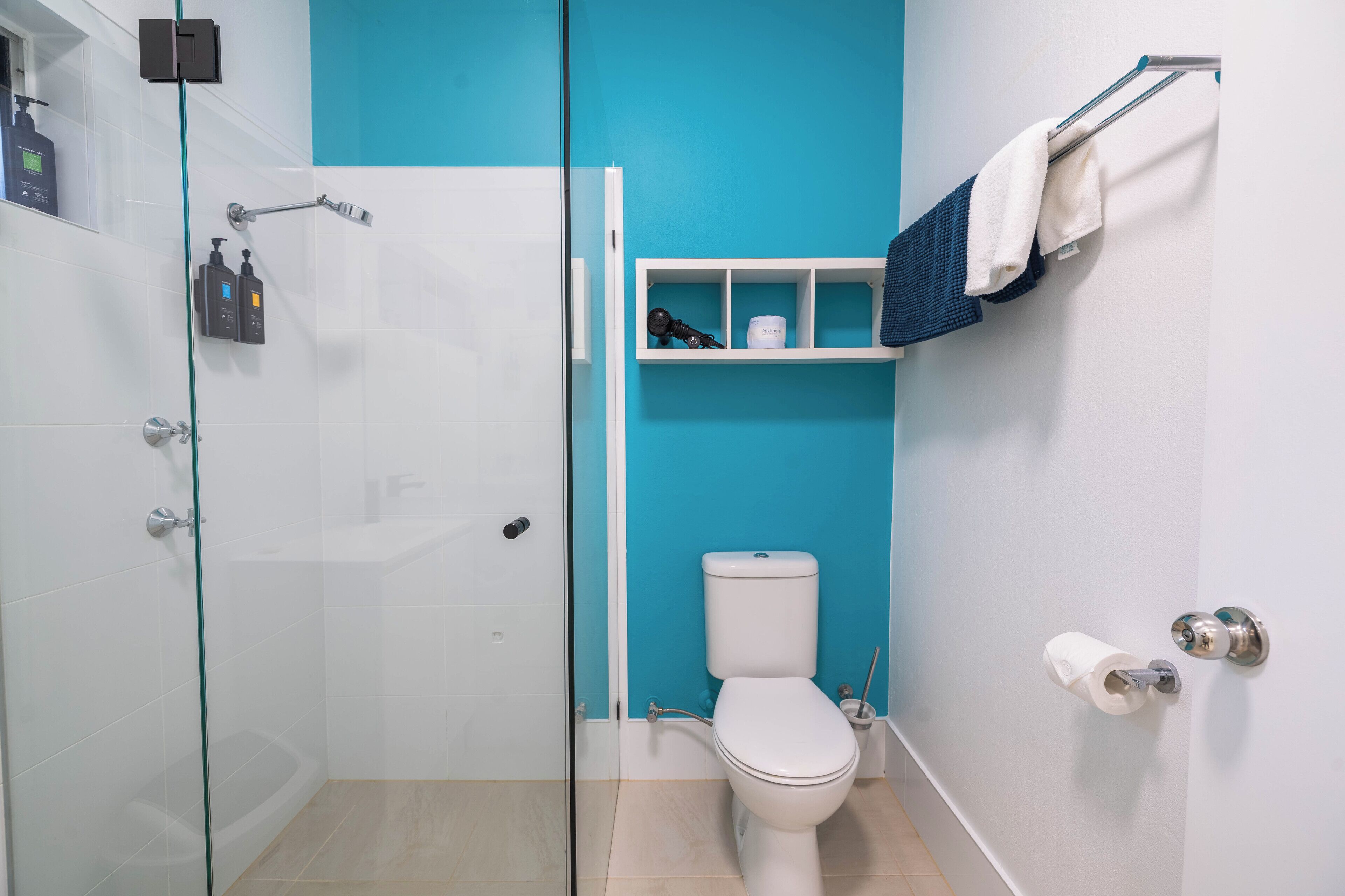 A bathroom with a toilet, a glass-enclosed shower, and a shelf with toiletries.