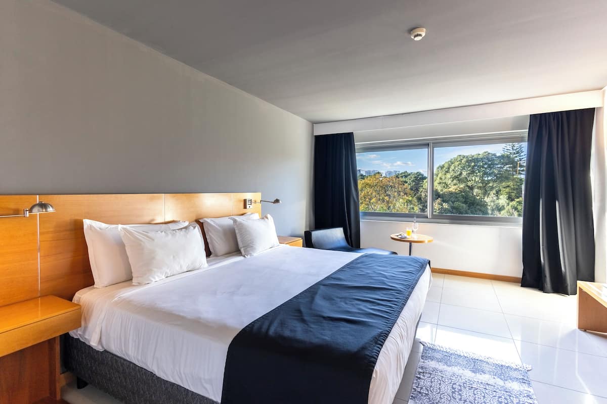 Une chambre d’hôtel moderne avec un grand lit, une tête de lit en bois, une petite table avec une lampe et une vue sur les arbres par la fenêtre.