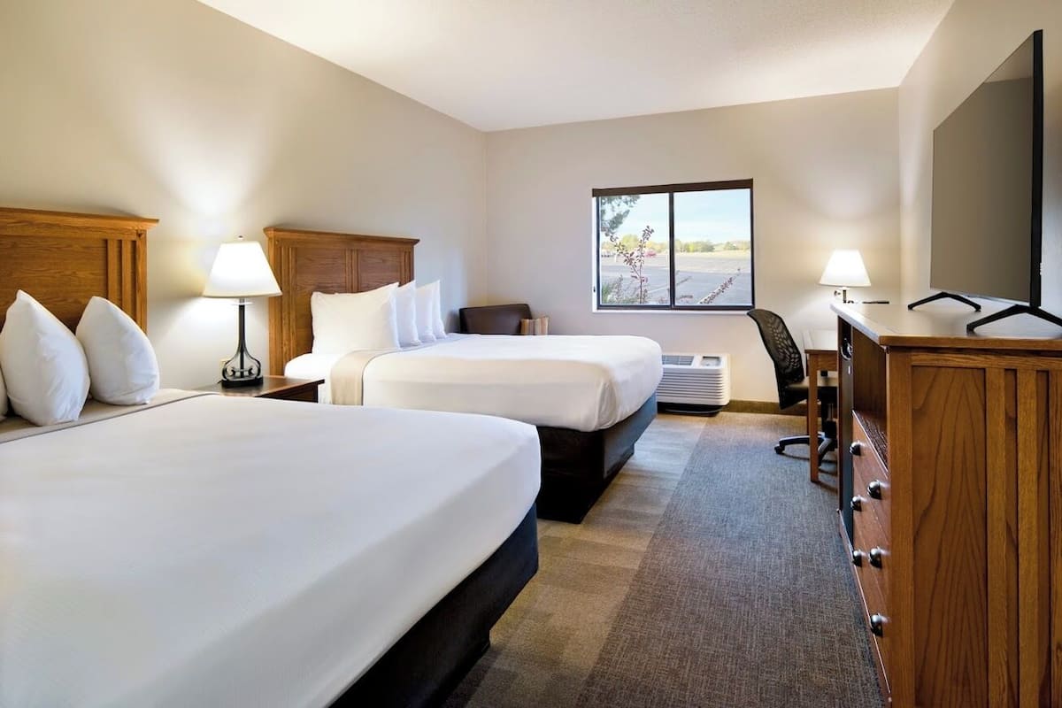 A hotel room with two beds, a desk, a chair, a TV, and a window with a view of the outdoors.
