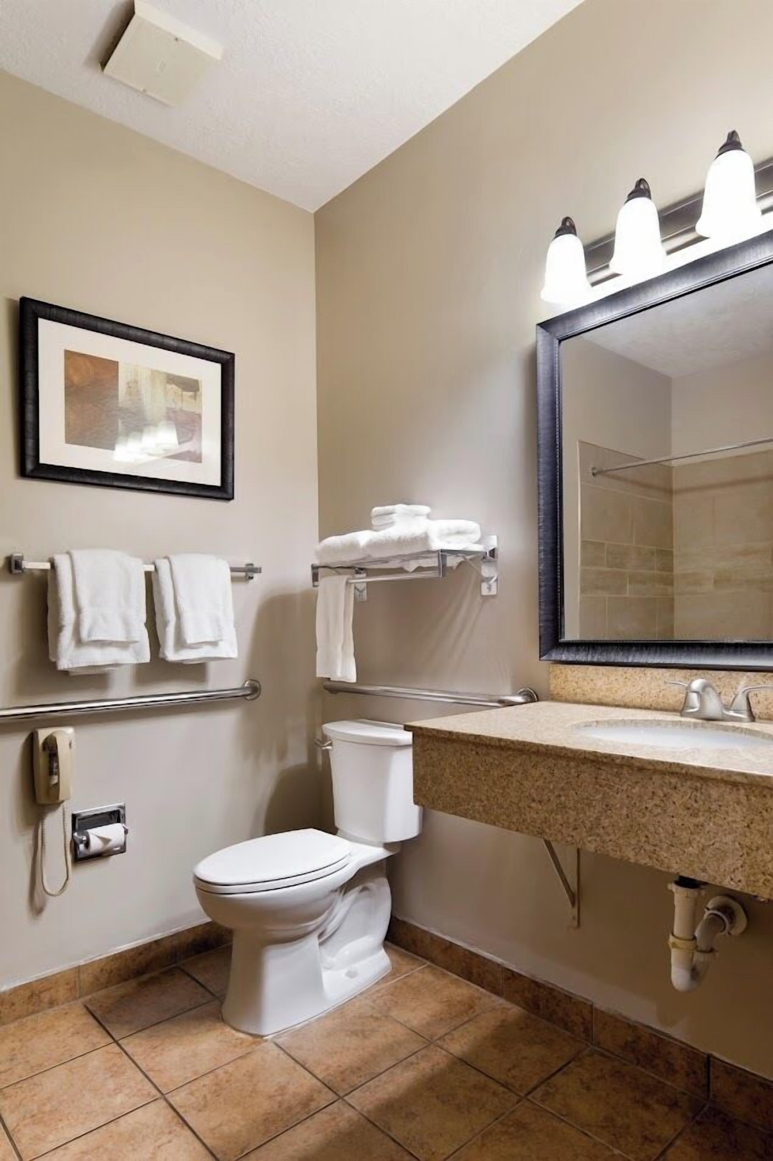 A bathroom with a toilet, sink, and mirror. There are towels on a rack and a framed picture on the wall.