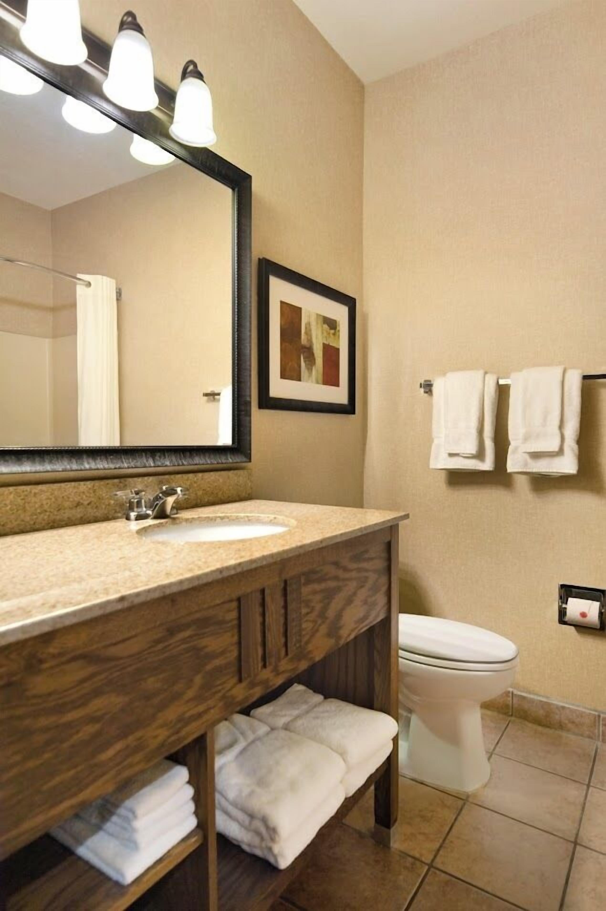 A bathroom with a wooden vanity, a large mirror, a toilet, and two towels hanging on the wall.