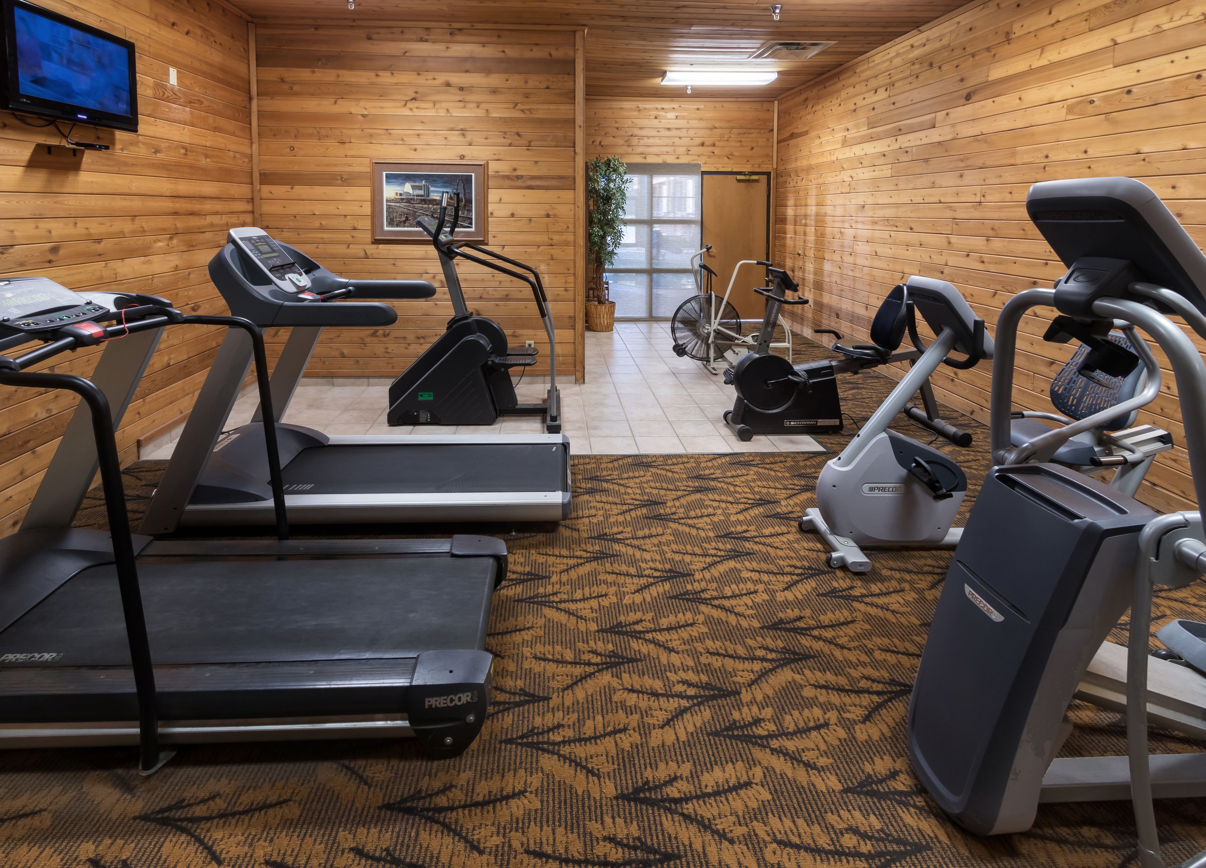 A gym with treadmills, stationary bikes, and elliptical machines.